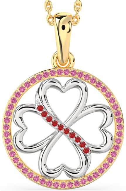 Ruby & Pink Sapphire Gold Silver Clover Circle Necklace
