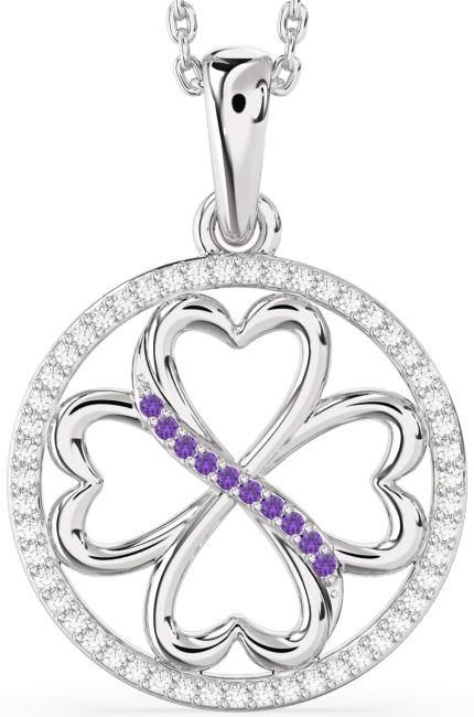 Diamond & Amethyst Silver Clover Circle Necklace