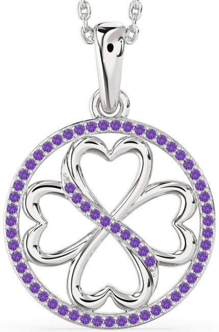 Amethyst Silver Clover Circle Necklace