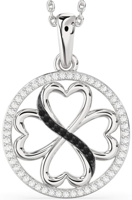 Black Diamond Silver Clover Circle Necklace