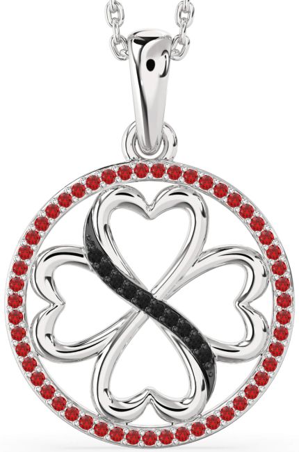 Black Diamond & Ruby Silver Clover Circle Necklace