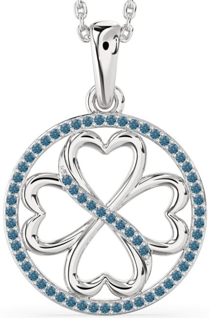Blue Diamond Silver Clover Circle Necklace
