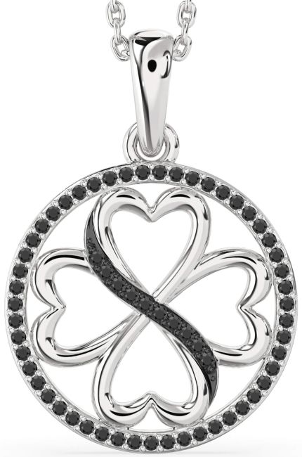 Black Onyx Silver Clover Circle Necklace