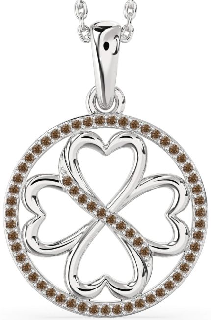 Chocolate Brown Diamond Silver Clover Circle Necklace