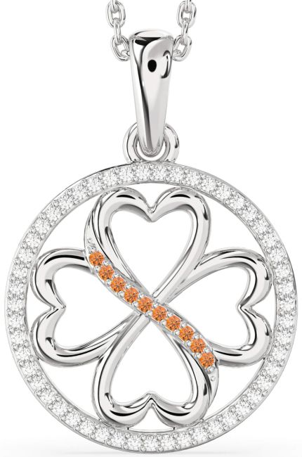 Diamond & Citrine Silver Clover Circle Necklace