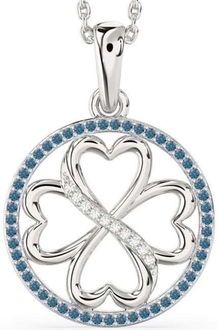 Blue Diamond Silver Clover Circle Necklace
