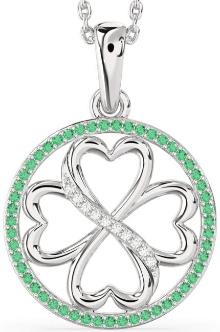 Emerald & Diamond Silver Clover Circle Necklace
