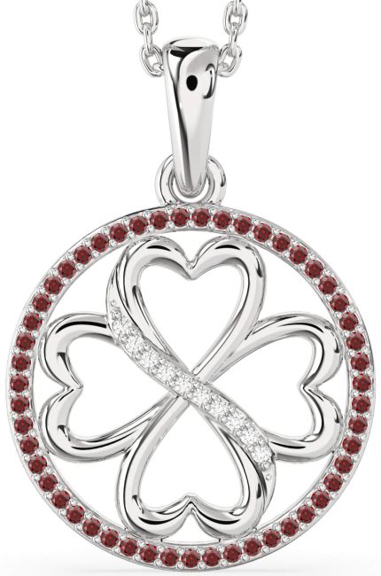 Diamond & Garnet Silver Clover Circle Necklace