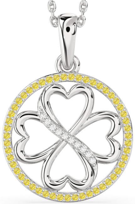 Yellow Diamond Silver Clover Circle Necklace