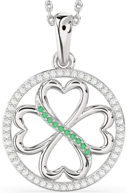 Diamond & Emerald Silver Clover Circle Necklace