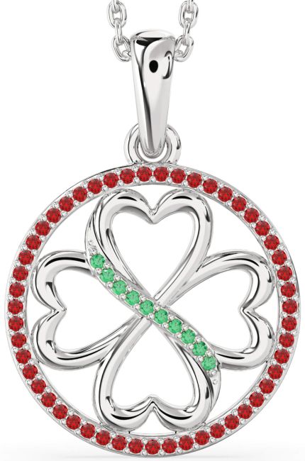 Emerald & Ruby Platinum Clover Circle Necklace