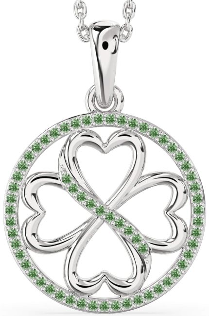 Green Diamond Silver Clover Circle Necklace