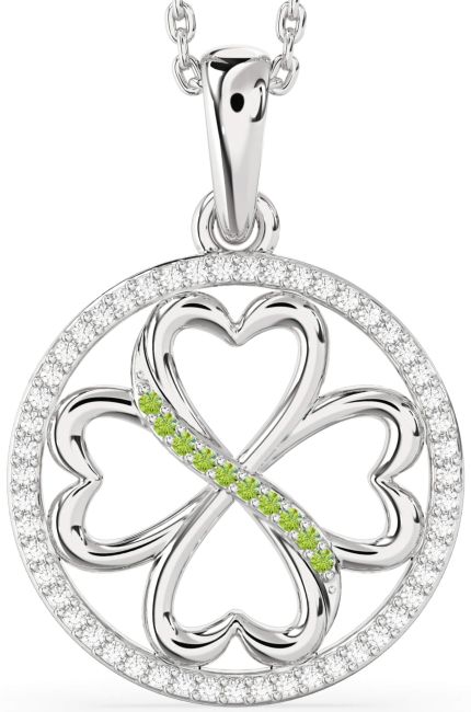 Diamond & Peridot Silver Clover Circle Necklace