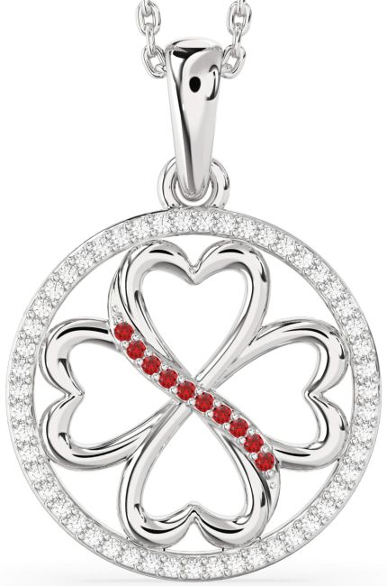 Diamond & Ruby Silver Clover Circle Necklace