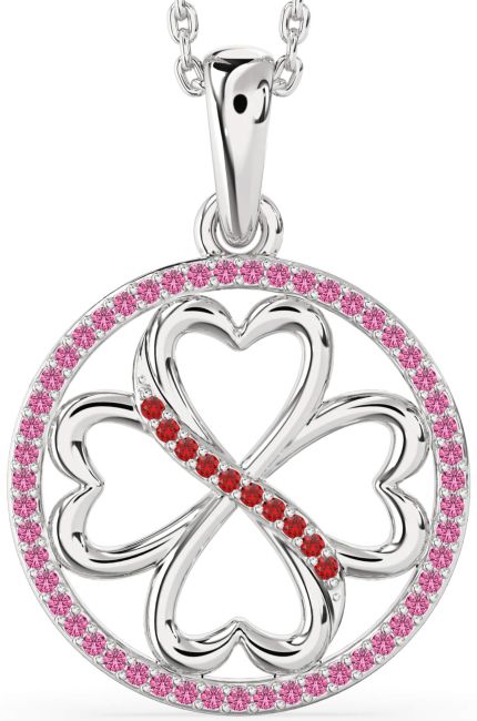 Ruby & Pink Sapphire Silver Clover Circle Necklace