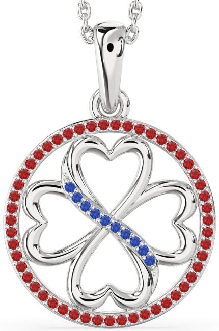Blue Sapphire & Ruby Silver Clover Circle Necklace