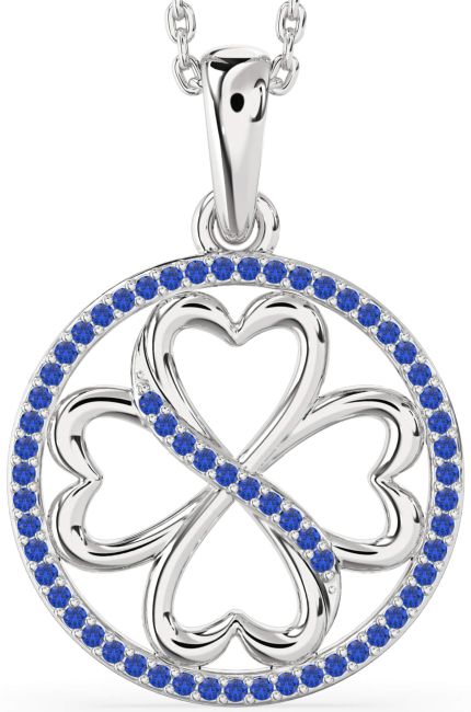 Blue Sapphire Silver Clover Circle Necklace