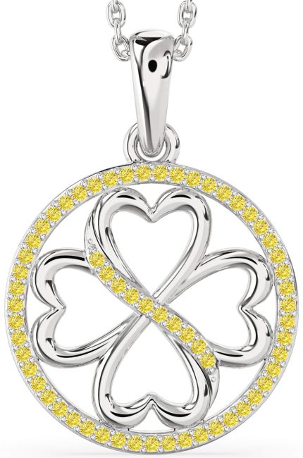 Yellow Diamond Silver Clover Circle Necklace