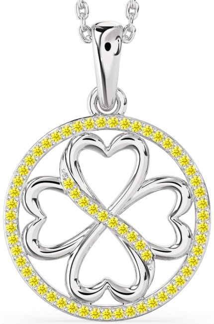 Yellow Sapphire Silver Clover Circle Necklace