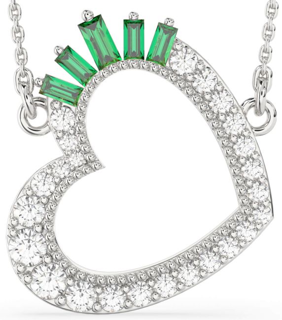 Large Diamond Emerald Silver Heart Necklace