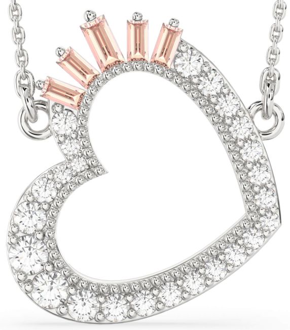 Large Diamond Morganite Silver Heart Necklace