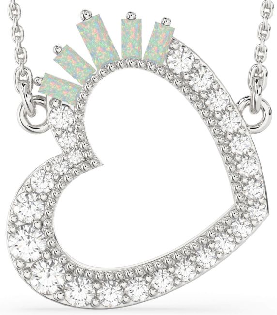 Large Diamond Opal Silver Heart Necklace