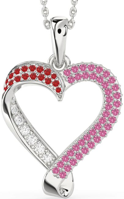 Ruby & Pink Sapphire Silver Heart Necklace