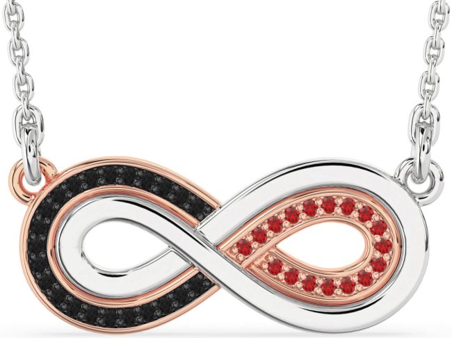 Large Black Diamond & Ruby Rose Gold Silver Infinity Necklace