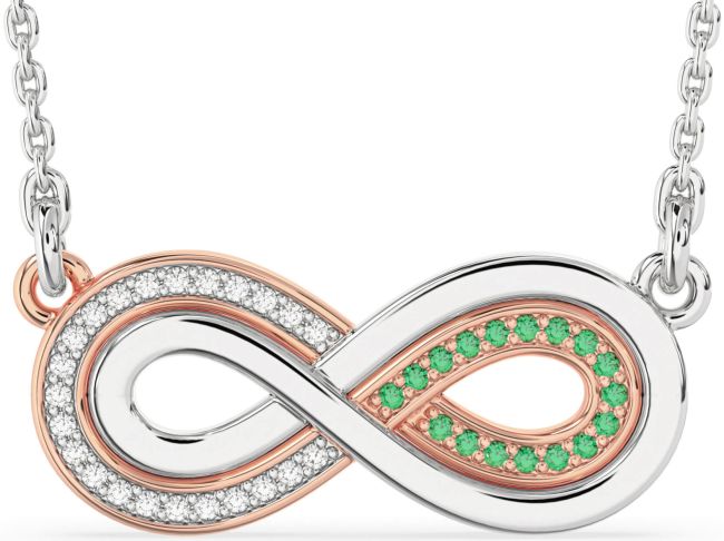 Large Emerald & Diamond Rose Gold Silver Infinity Necklace