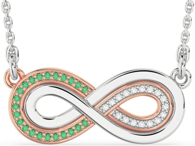 Large Diamond & Emerald White Rose Gold Infinity Necklace