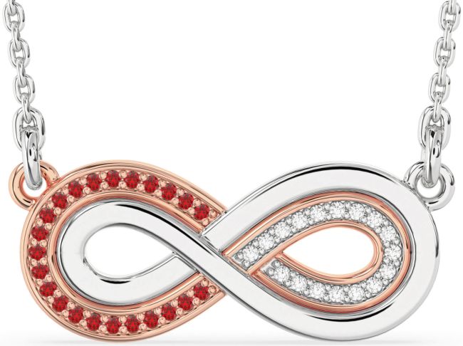 Large Diamond & Ruby Rose Gold Silver Infinity Necklace