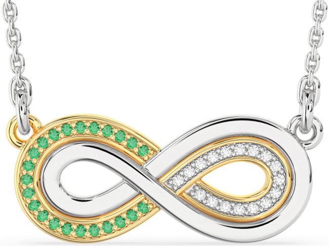 Large Diamond & Emerald Gold Silver Infinity Necklace