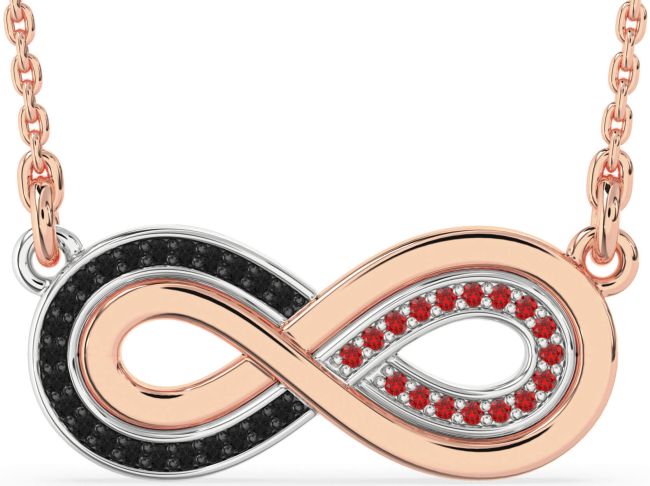 Large Black Diamond & Ruby Rose Gold Silver Infinity Necklace