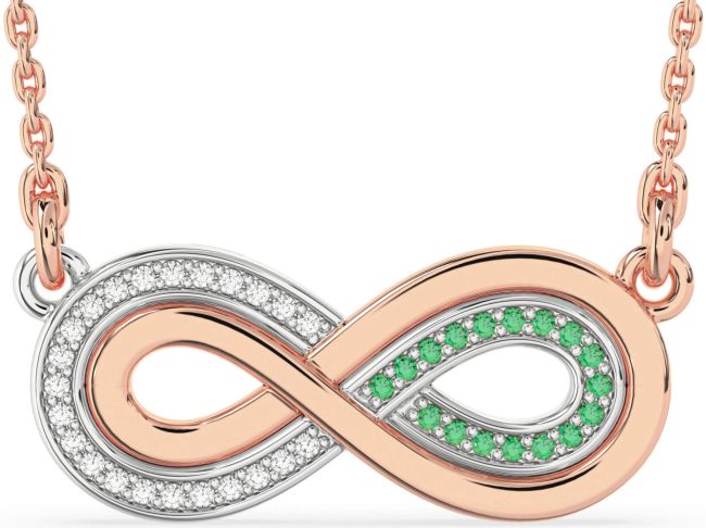 Large Emerald & Diamond Rose Gold Silver Infinity Necklace