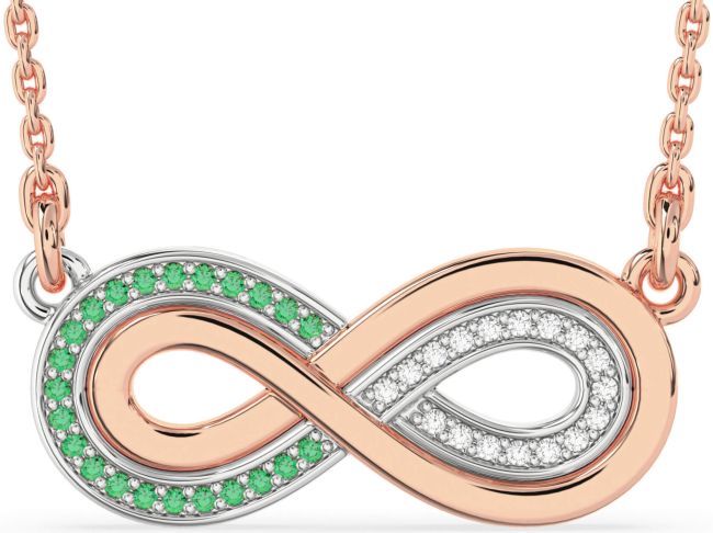 Large Diamond & Emerald Rose Gold Silver Infinity Necklace
