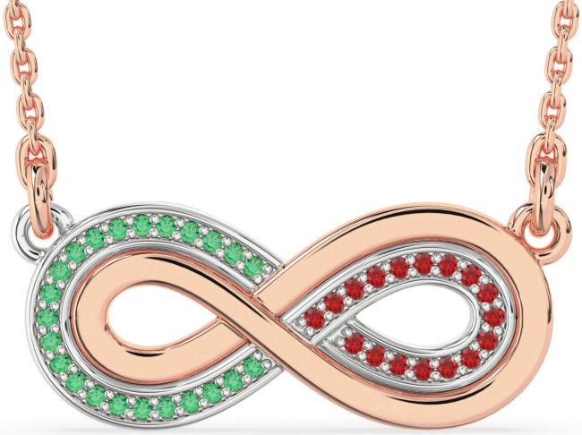 Large Emerald & Ruby Rose Gold Silver Infinity Necklace