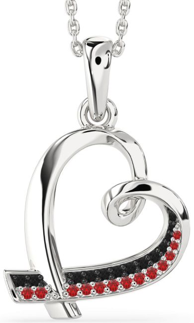 Black Diamond & Ruby Silver Heart Necklace