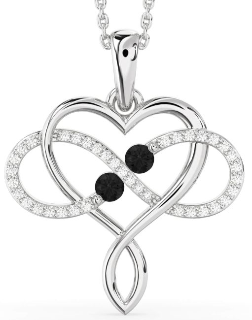Large Black Diamond Silver Heart Infinity Necklace