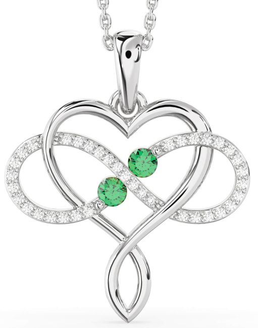 Large Diamond Emerald Silver Heart Infinity Birthstone Necklace