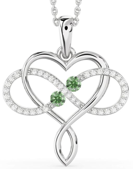 Large Green Diamond Silver Heart Infinity Necklace