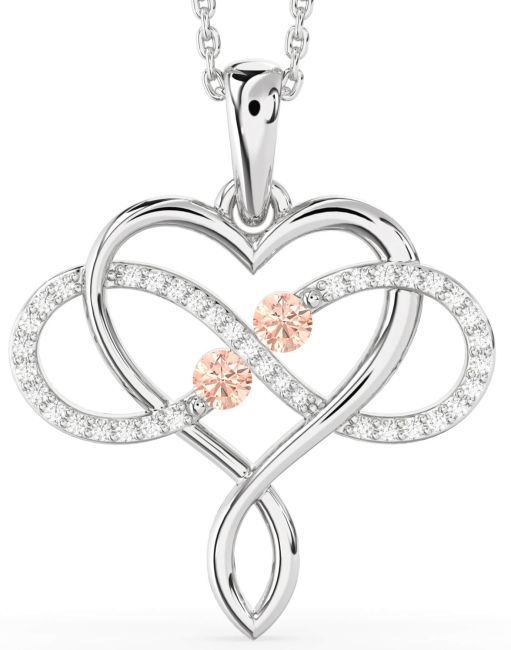 Large Diamond Morganite Silver Heart Infinity Necklace