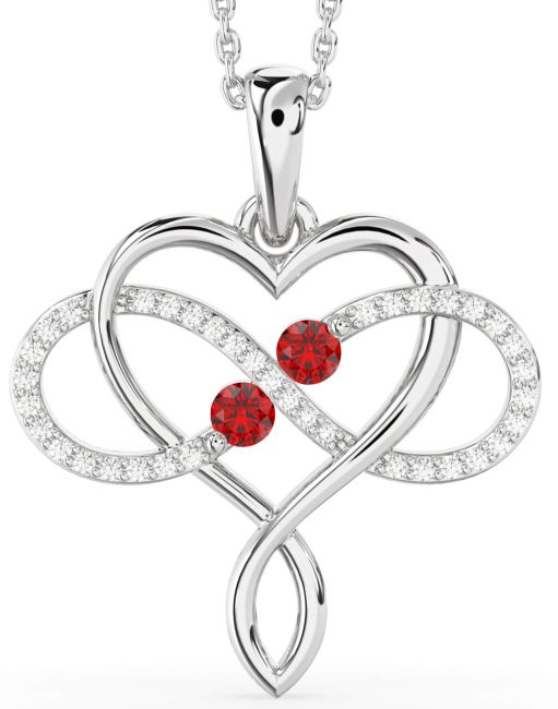 Large Diamond Ruby Silver Heart Infinity Birthstone Necklace