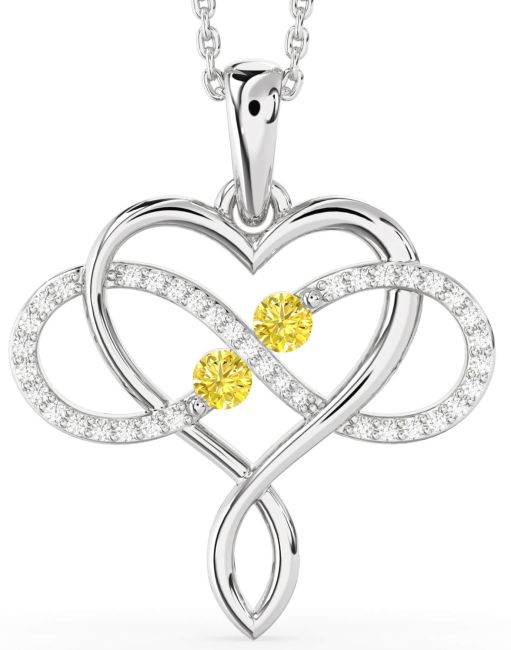 Large Yellow Diamond Silver Heart Infinity Necklace