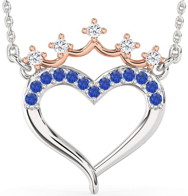 Diamond & Blue Sapphire Silver & 10K Rose Gold Heart Crown Necklace