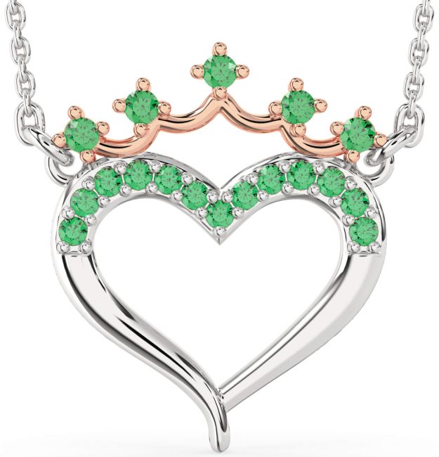 Emerald Rose Gold Silver Heart Crown Necklace