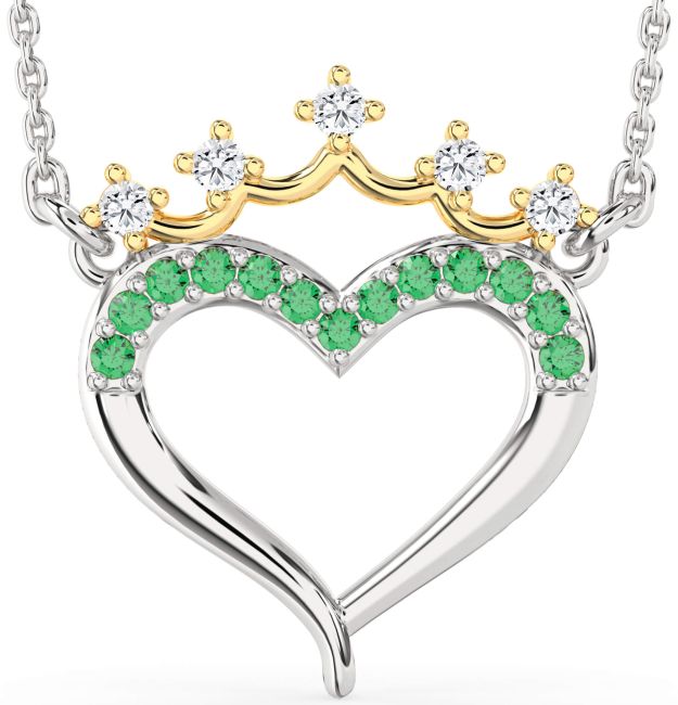 Emerald & Diamond Gold Silver Heart Crown Necklace