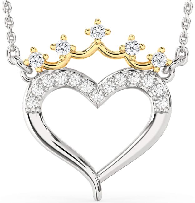Diamond Gold Silver Heart Crown Necklace