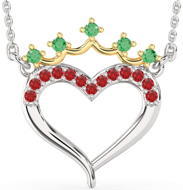 Emerald & Ruby Gold Silver Heart Crown Necklace