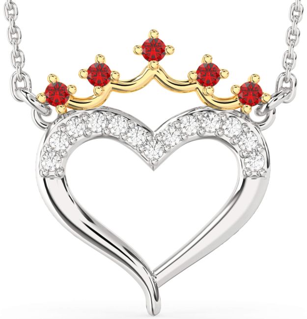 Diamond & Ruby Gold Silver Heart Crown Necklace