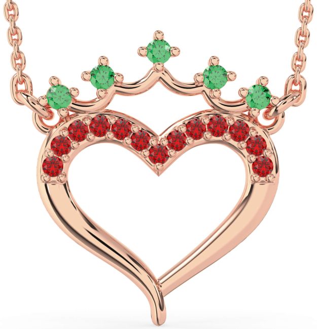 Emerald & Ruby Rose Gold Silver Heart Crown Necklace